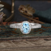 1 Carat Oval Cut Aquamarine Halo Ring with Pave Band